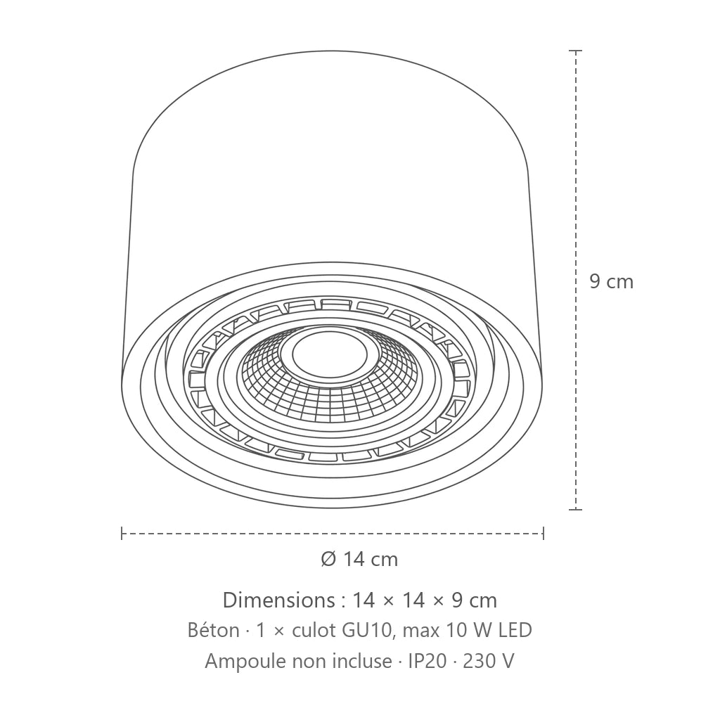 Dimensions : spot plafond rond en béton ou bois (1 spot – béton), 14 × 14 × 9 cm