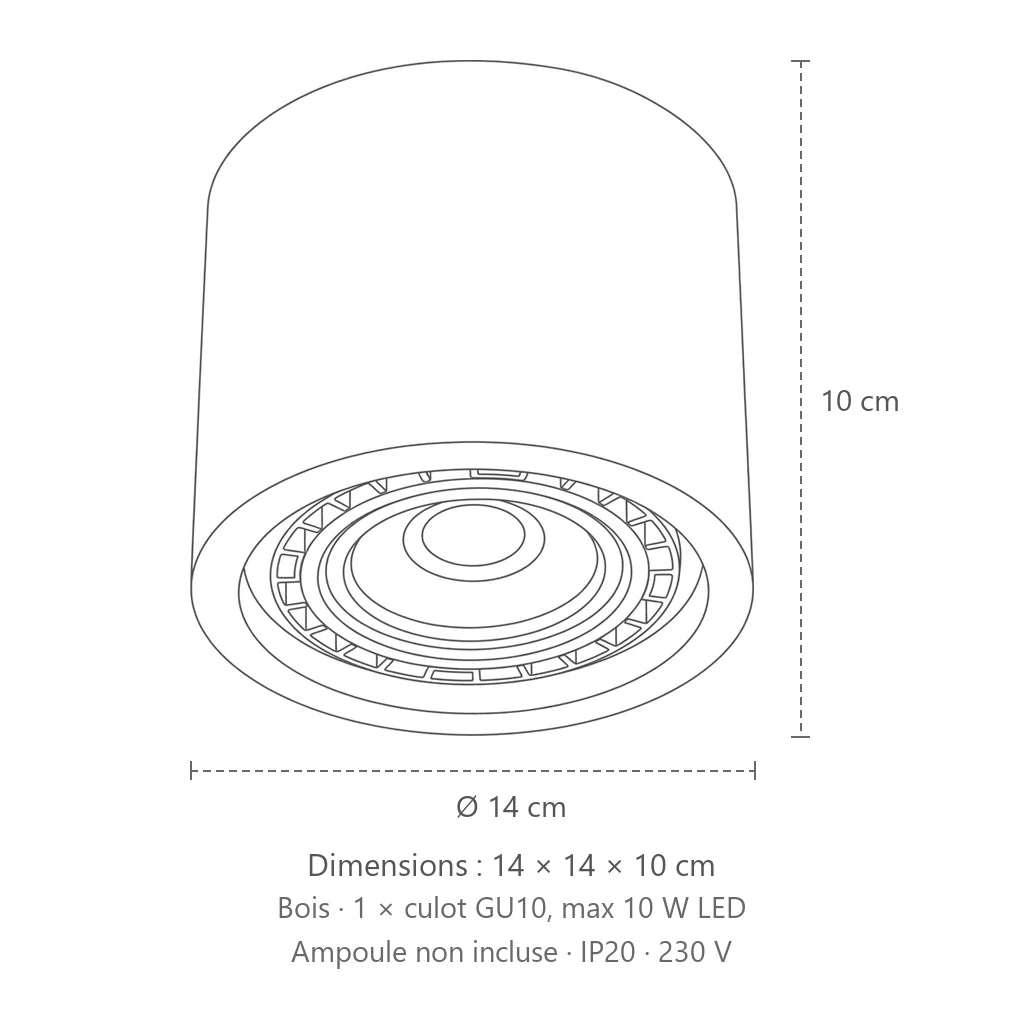 Dimensions : spot plafond rond en béton ou bois (1 spot – bois), 14 × 14 × 10 cm
