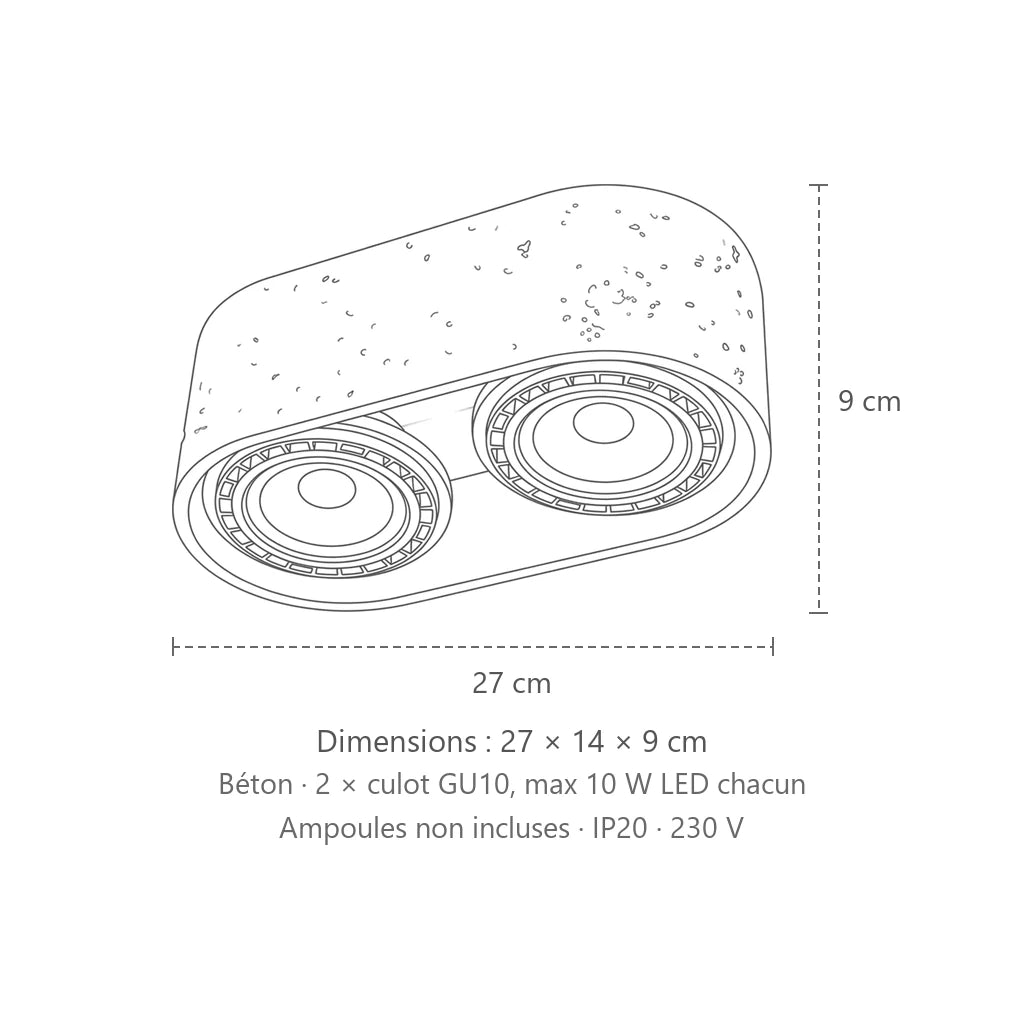 Dimensions : spot plafond rond en béton ou bois (2 spots – béton), 27 × 14 × 9 cm