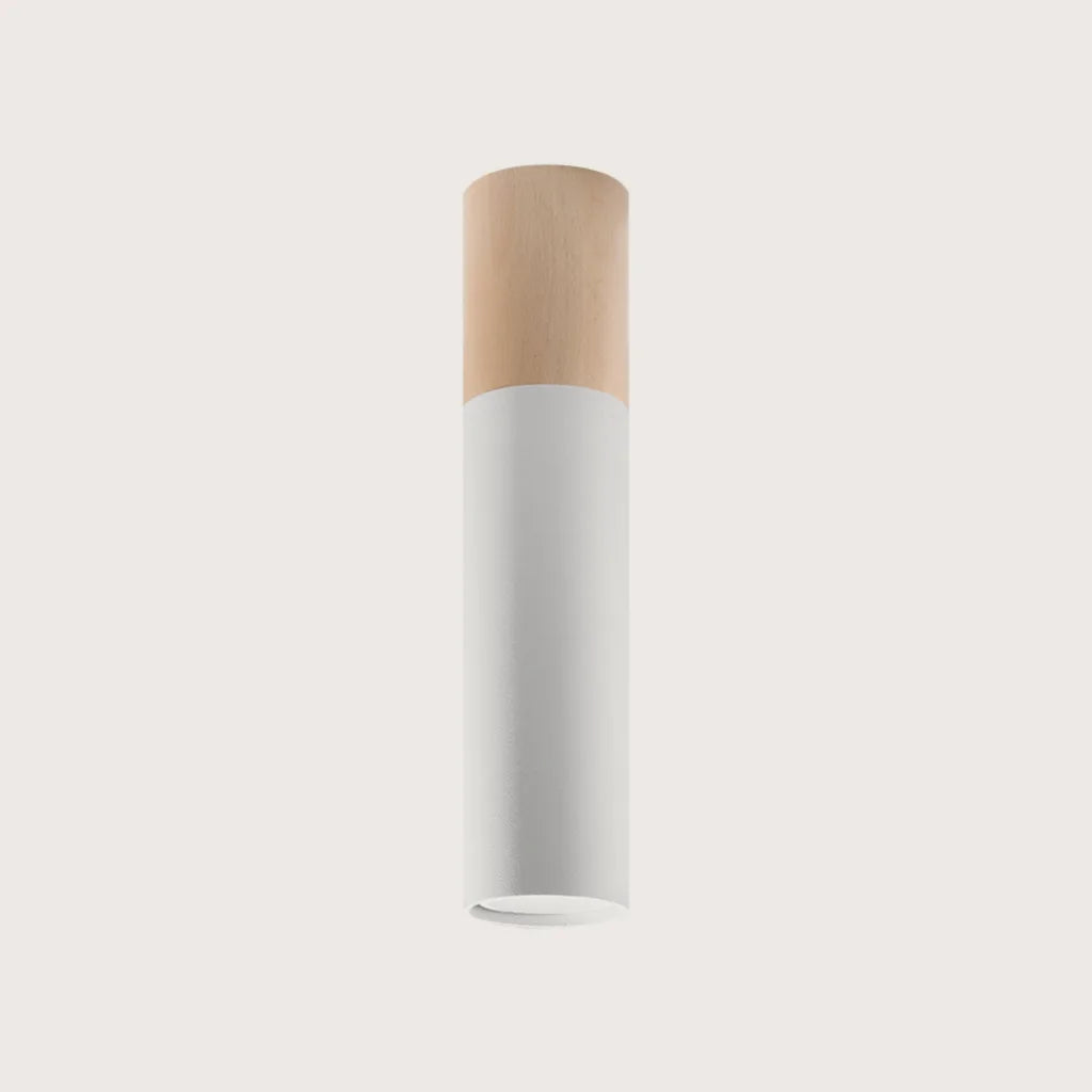 Spot plafond tube acier et bois, coloris bois naturel et blanc