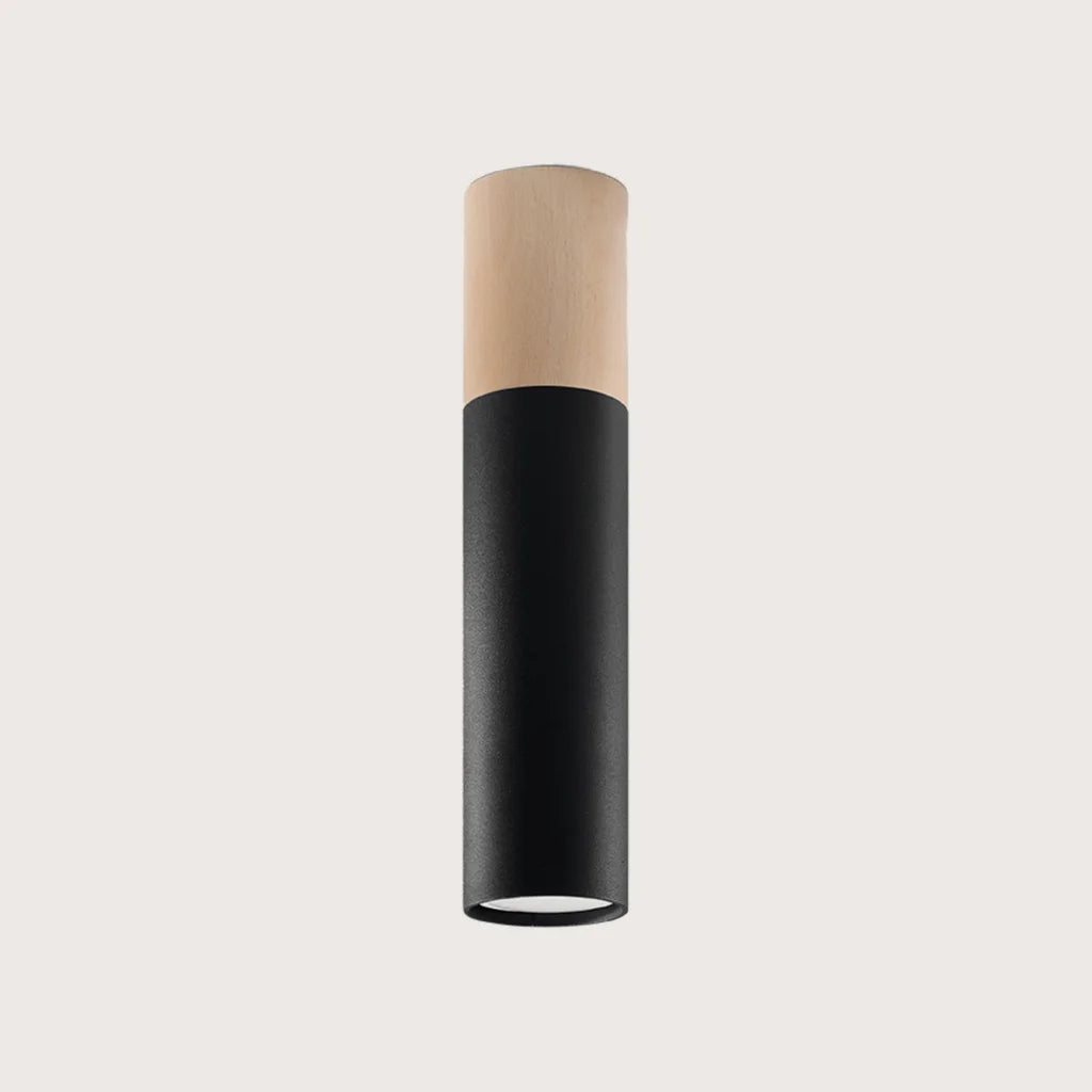 Spot plafond tube acier et bois, coloris bois naturel et noir
