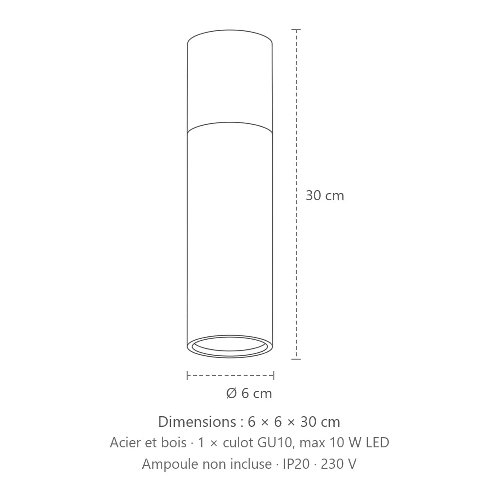 Dimensions : spot plafond tube acier et bois, 6 × 6 × 30 cm