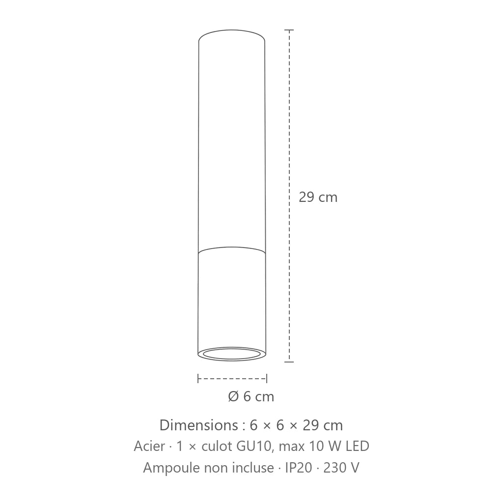 Dimensions : spot plafond tube noir et métal, 6 × 6 × 29 cm