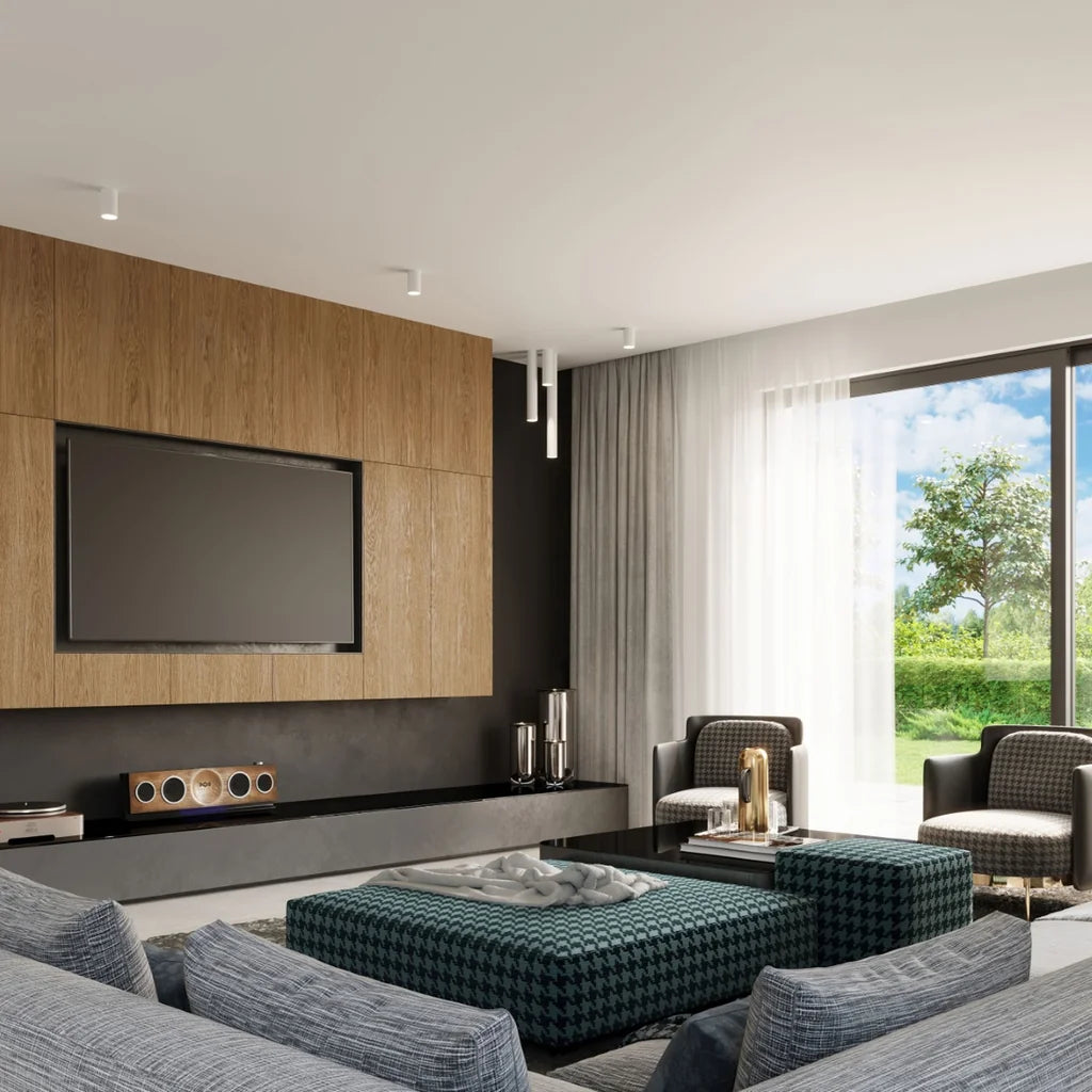Spot plafond tube en saillie dans un salon