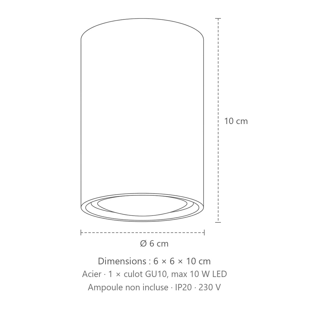 Dimensions : spot plafond tube en saillie (Hauteur 10 cm), 6 × 6 × 10 cm