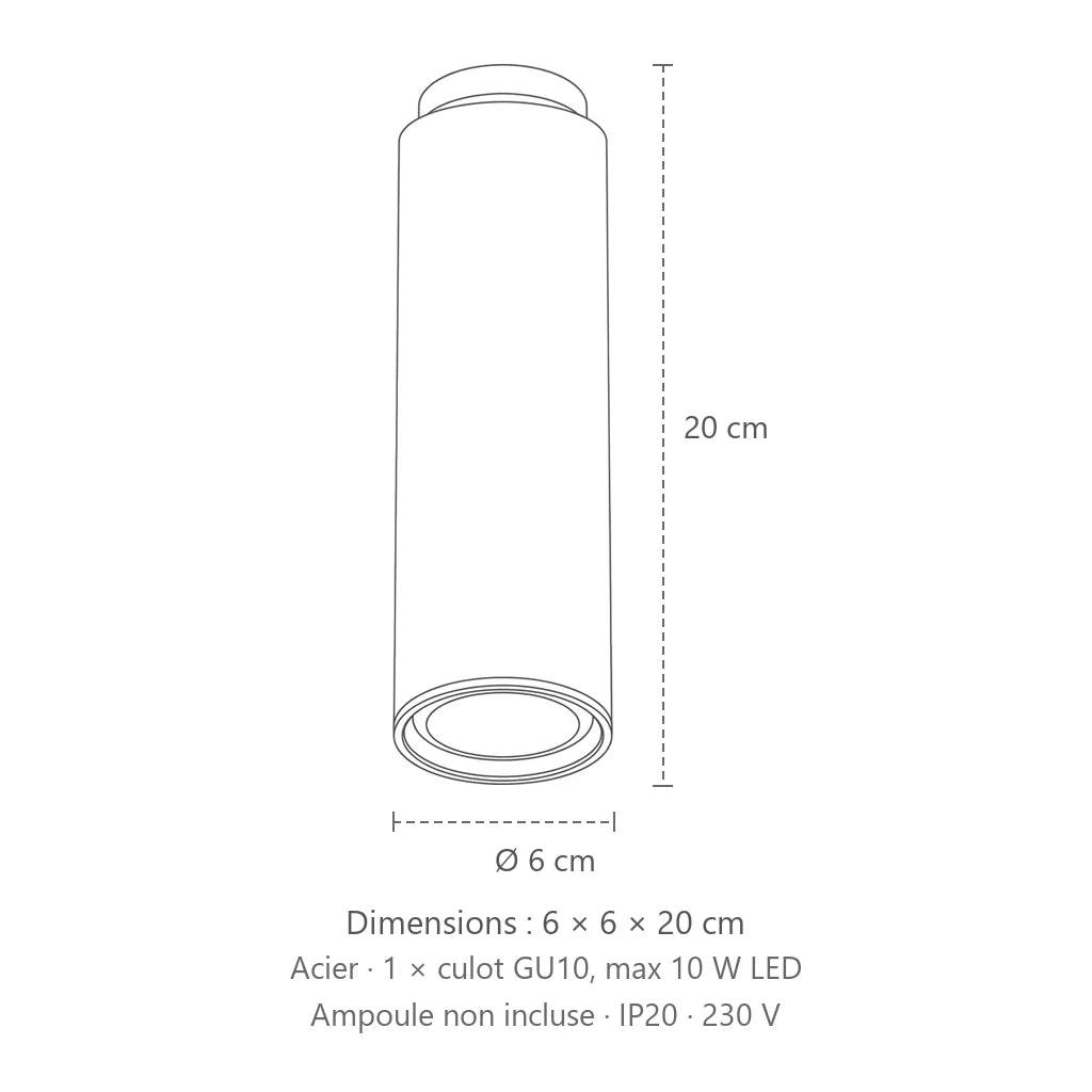 Dimensions : spot plafond tube en saillie (Hauteur 20 cm), 6 × 6 × 20 cm