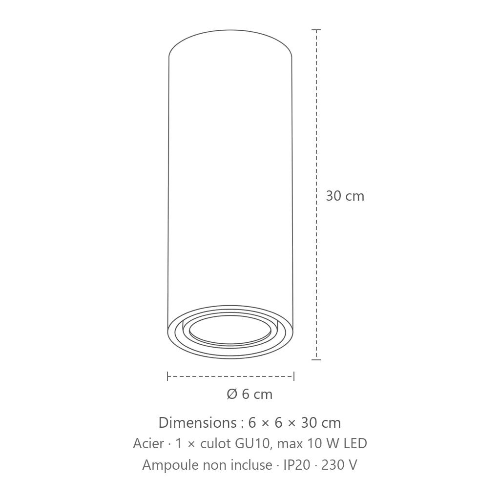 Dimensions : spot plafond tube en saillie (Hauteur 30 cm), 6 × 6 × 30 cm