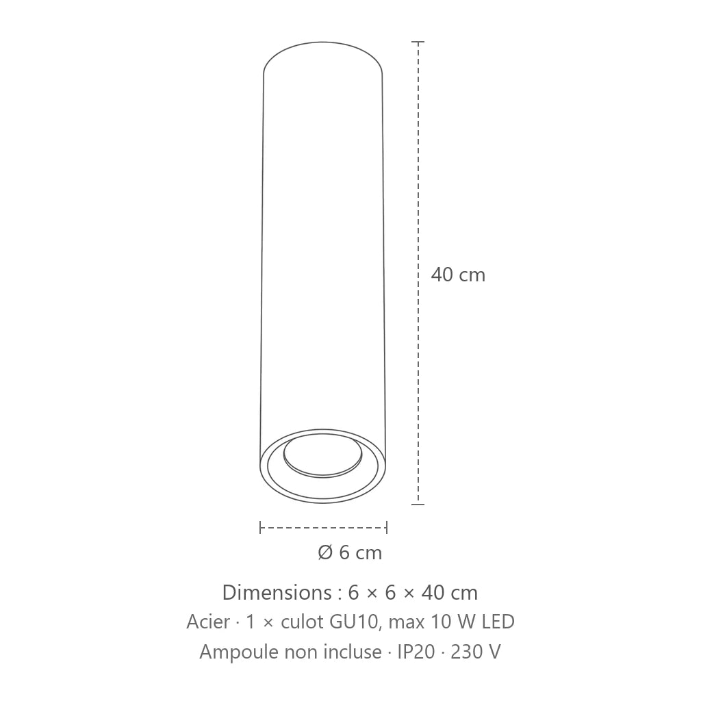 Dimensions : spot plafond tube en saillie (Hauteur 40 cm), 6 × 6 × 40 cm
