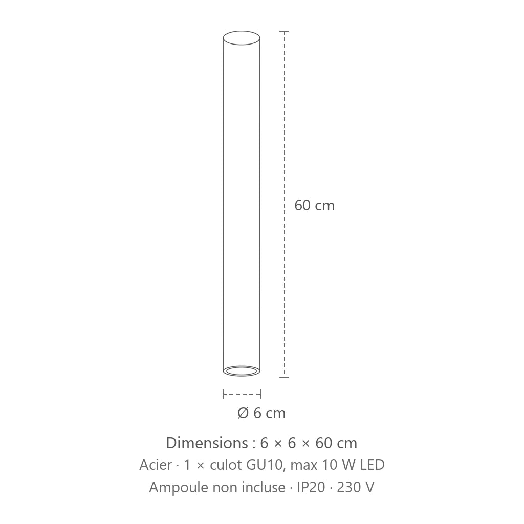 Dimensions : spot plafond tube en saillie (Hauteur 60 cm), 6 × 6 × 60 cm