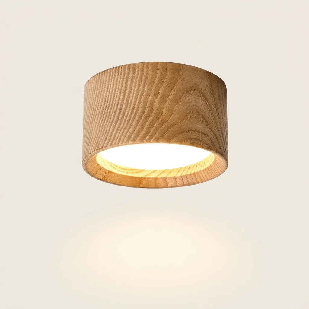 Spot plafonnier cylindre effet bois GX53, allumé