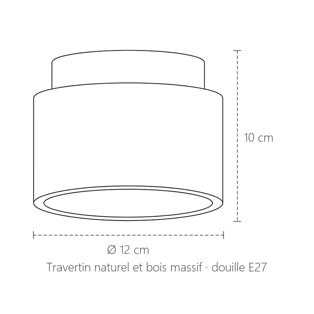 Dimensions du spot plafonnier en travertin : Ø 12 cm, hauteur 10 cm