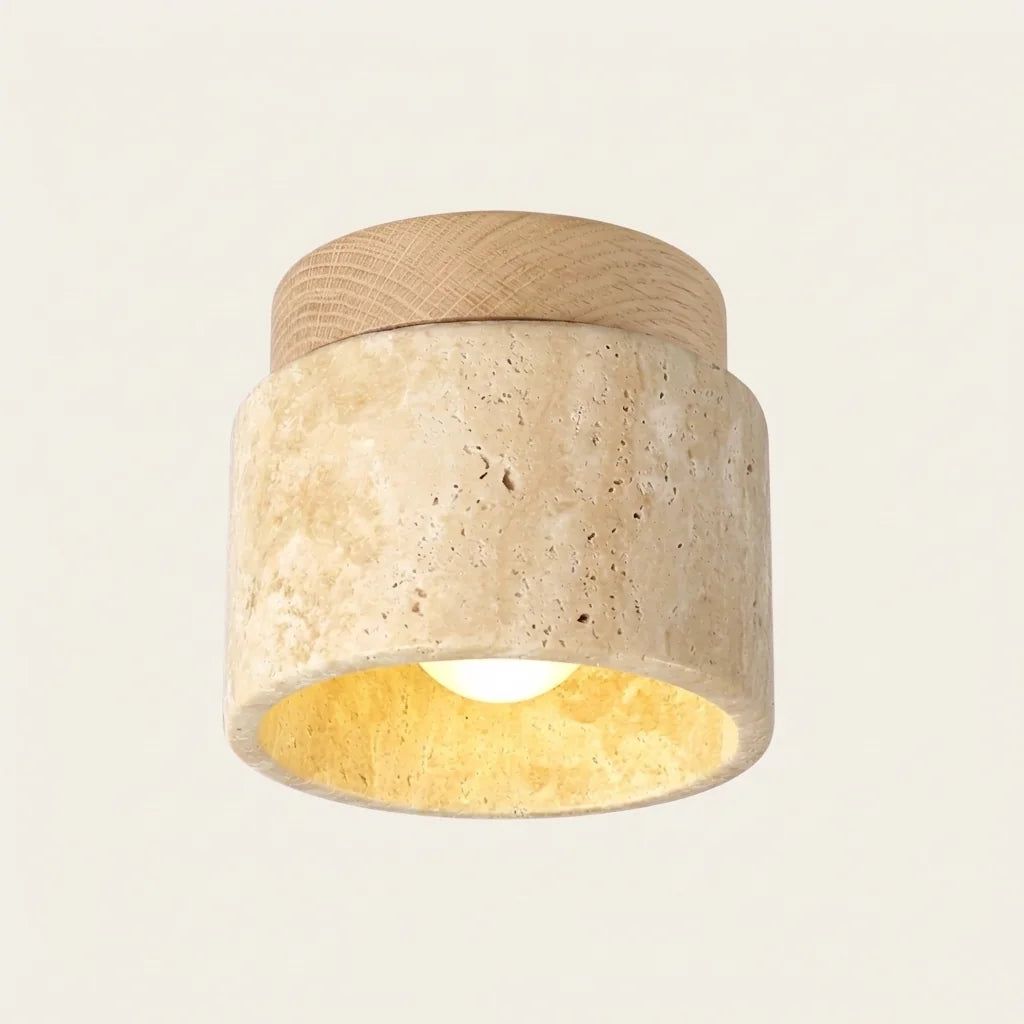 Spot plafonnier en travertin avec rosace en bois naturel
