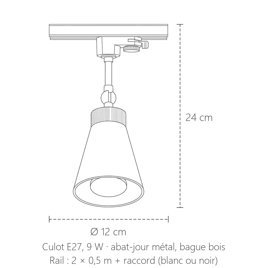 Dimensions du spot sur rail E27 à bague bois : Ø 12 cm, 24 cm de haut