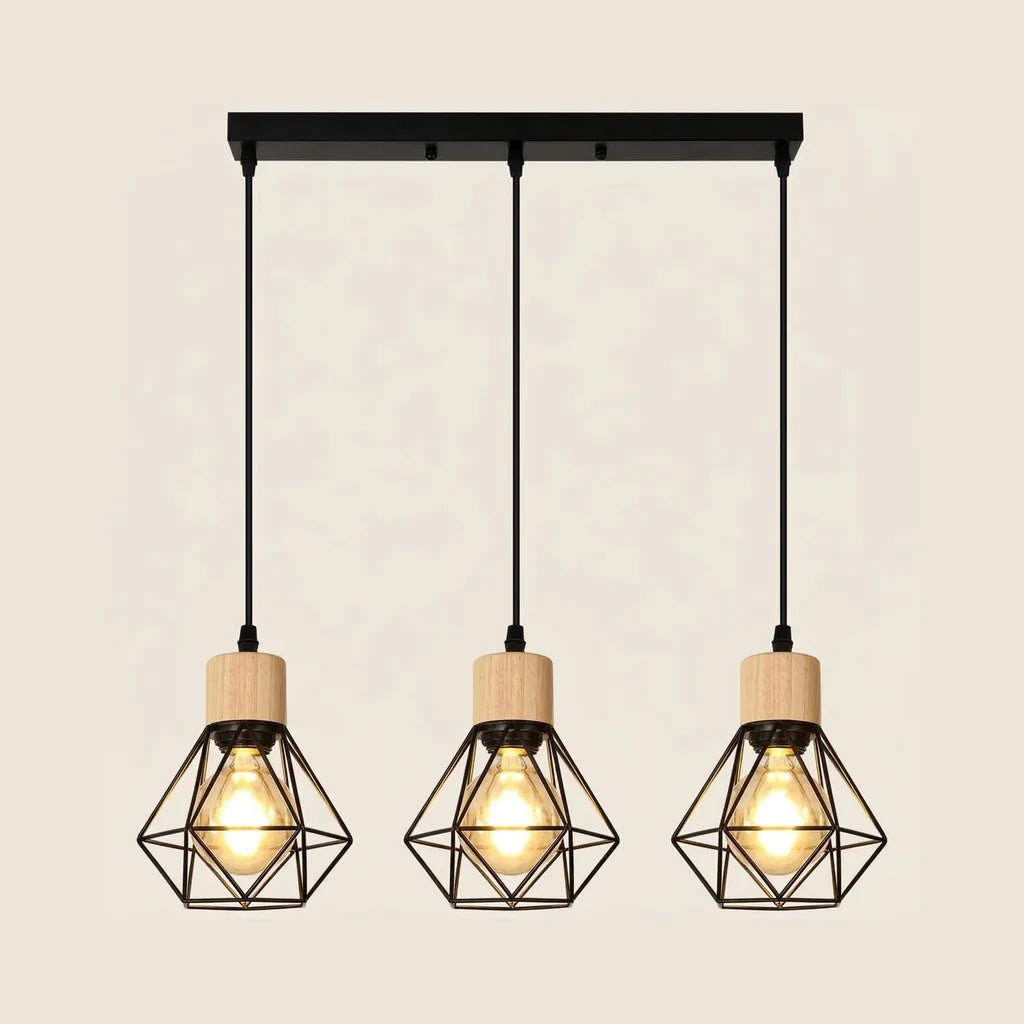 Suspension 3 cages diamant en métal noir sur rail, douilles en bois