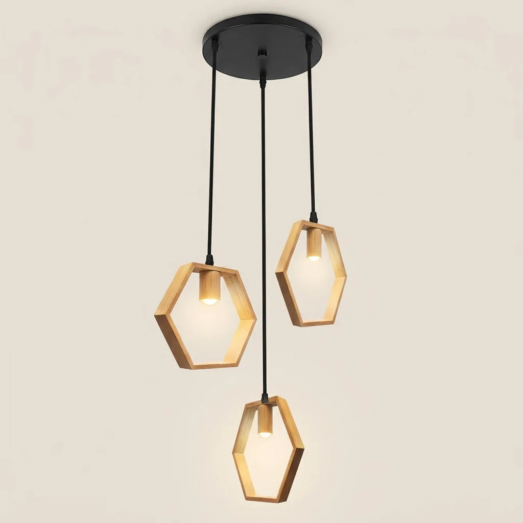 Suspension 3 hexagones en bois sur rosace ronde