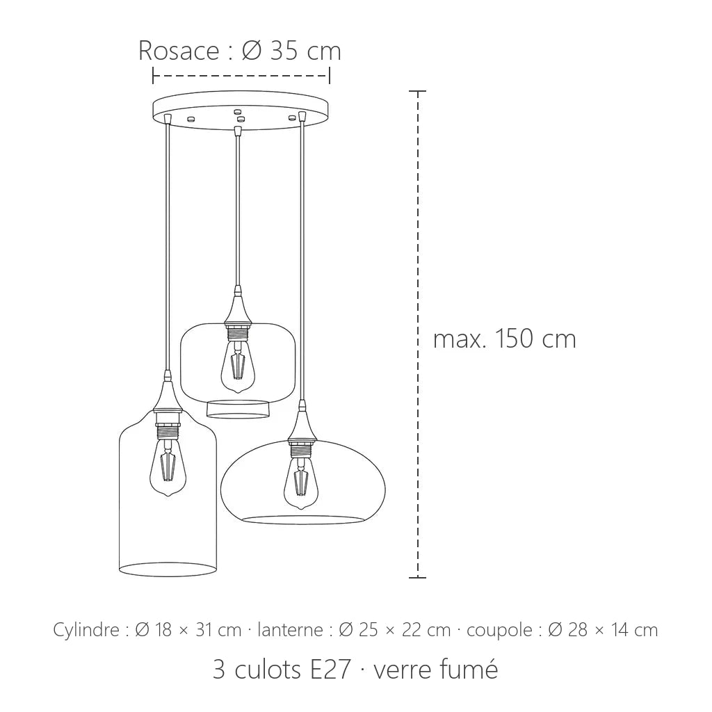 Dimensions de la suspension 3 verres fumés : rosace Ø 35 cm, max. 150 cm