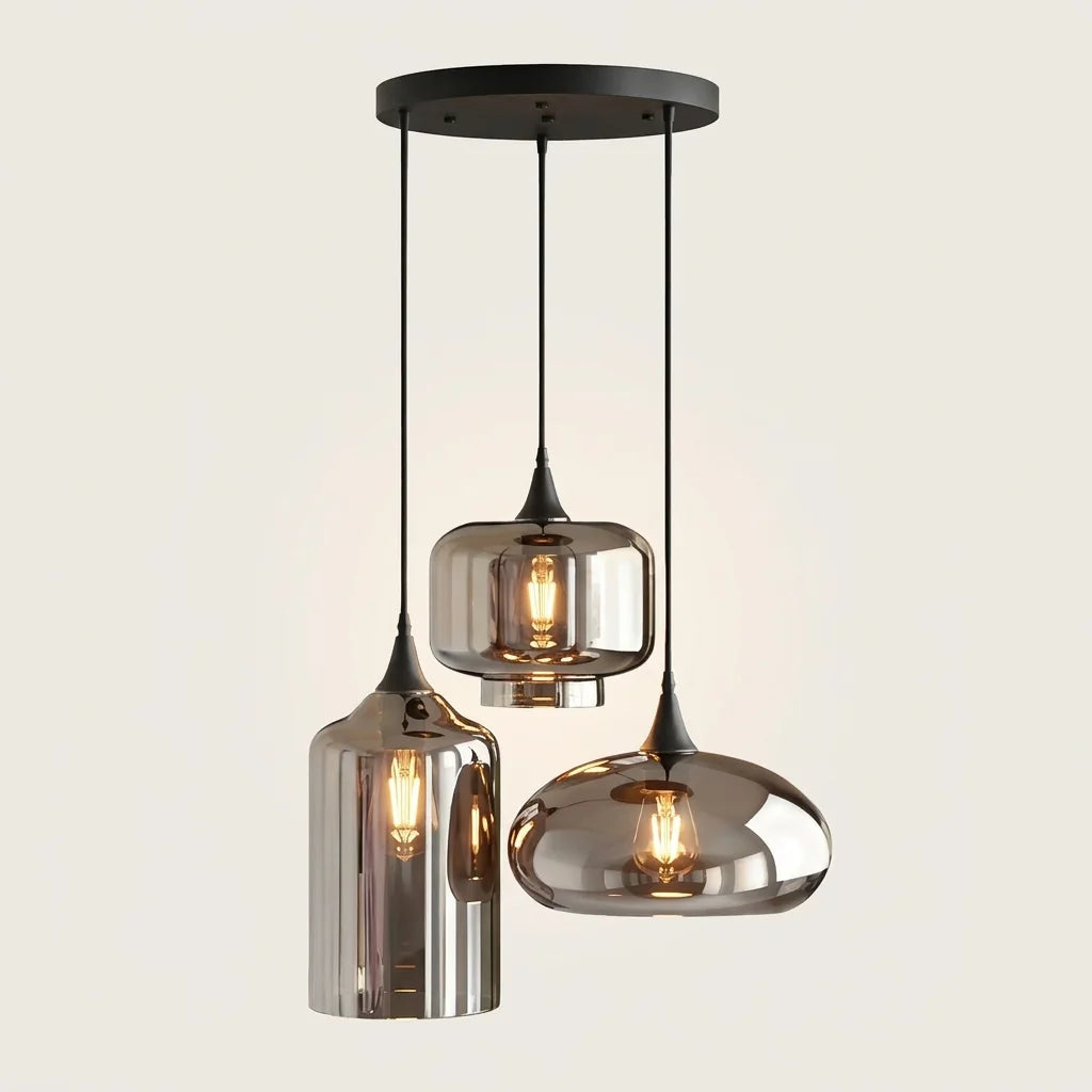 Suspension 3 verres fumés aux formes asymétriques, lumière chaude