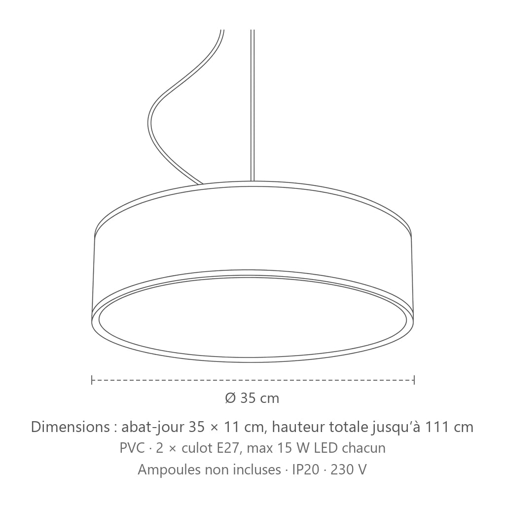 Dimensions : suspension abat-jour cylindrique large (Ø 35 cm), abat-jour 35 × 11 cm, hauteur totale jusqu’à 111 cm