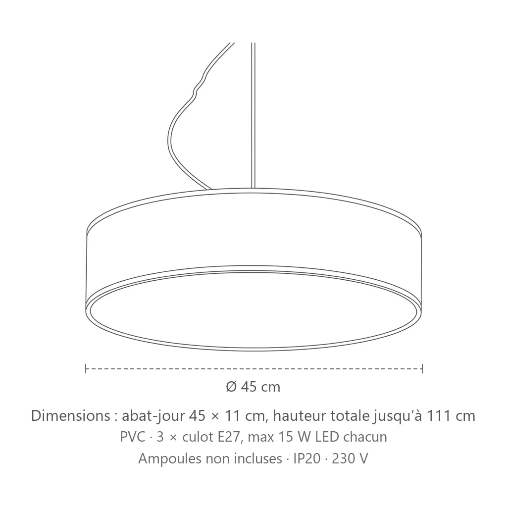 Dimensions : suspension abat-jour cylindrique large (Ø 45 cm), abat-jour 45 × 11 cm, hauteur totale jusqu’à 111 cm