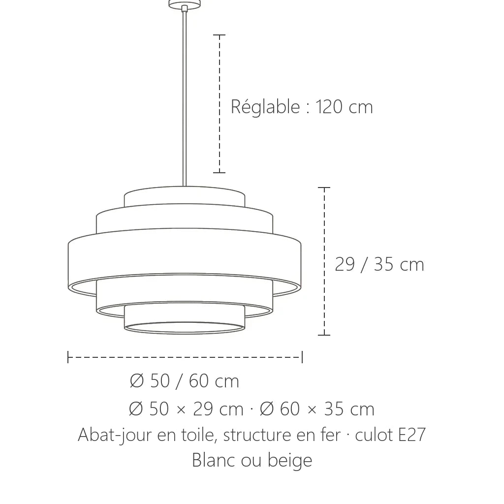 Dimensions de la suspension étagée en toile : Ø 50 × 29 ou Ø 60 × 35 cm