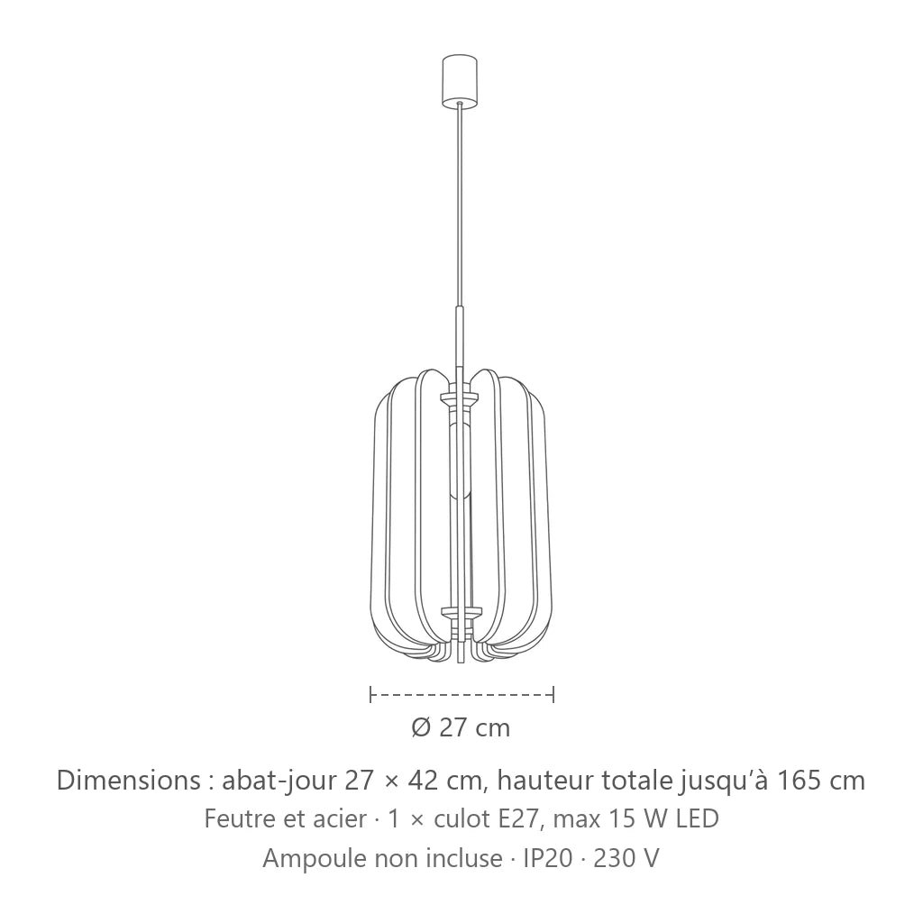 Dimensions : suspension abat-jour en feutre à lamelles (Ø 27 cm), abat-jour 27 × 42 cm, hauteur totale jusqu’à 165 cm