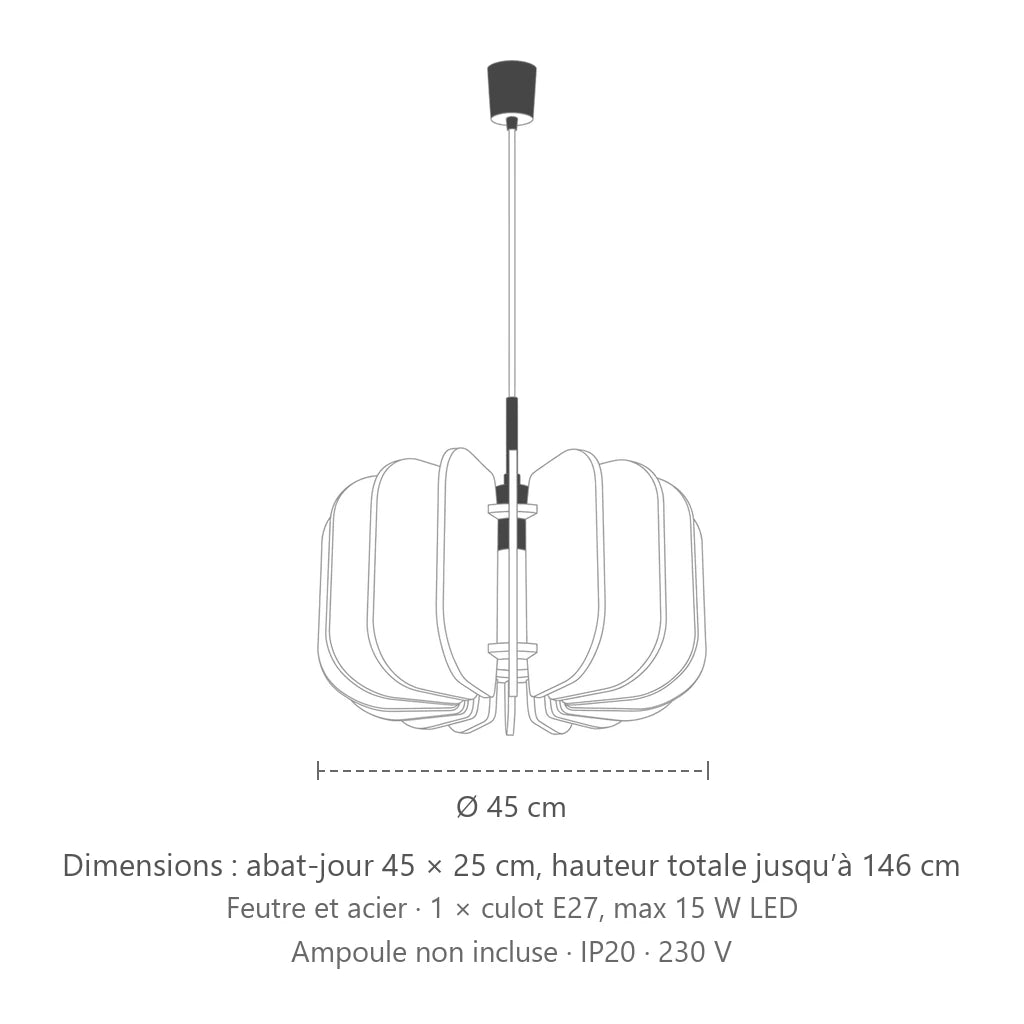 Dimensions : suspension abat-jour en feutre à lamelles (Ø 45 cm), abat-jour 45 × 25 cm, hauteur totale jusqu’à 146 cm