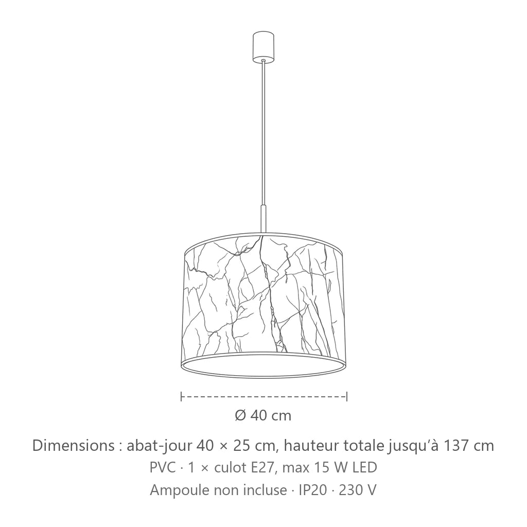 Dimensions : suspension abat-jour tambour ø 40 cm (PVC), abat-jour 40 × 25 cm, hauteur totale jusqu’à 137 cm