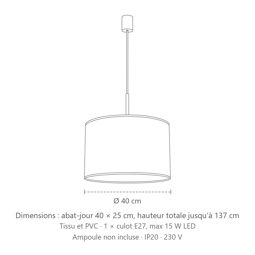 Dimensions : suspension abat-jour tambour ø 40 cm (Tissu), abat-jour 40 × 25 cm, hauteur totale jusqu’à 137 cm
