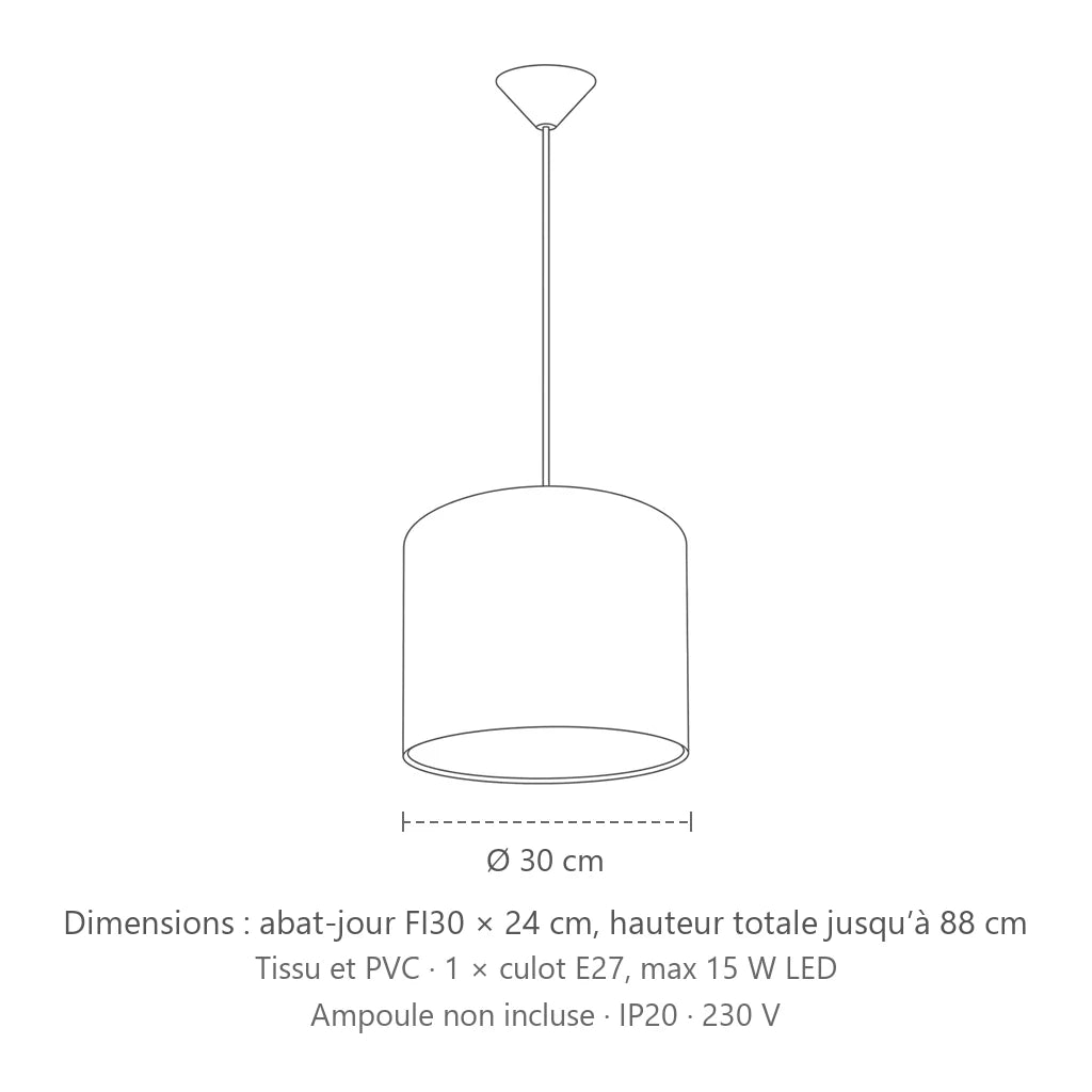 Dimensions : suspension abat-jour tambour en tissu blanc (Ø 30 cm), abat-jour FI30 × 24 cm, hauteur totale jusqu’à 88 cm