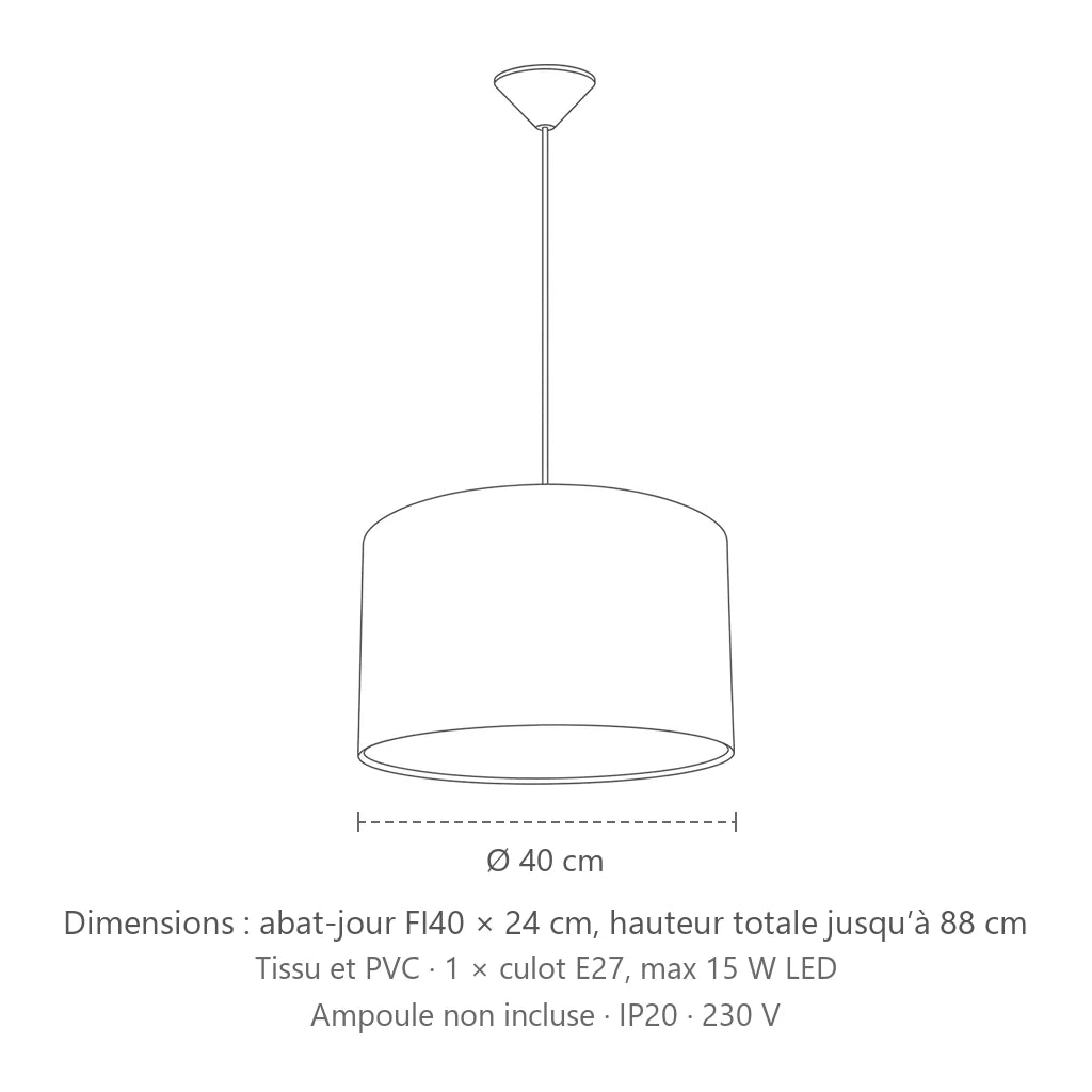 Dimensions : suspension abat-jour tambour en tissu blanc (Ø 40 cm), abat-jour FI40 × 24 cm, hauteur totale jusqu’à 88 cm