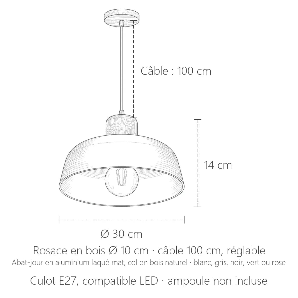 Dimensions de la suspension en aluminium à col en bois : Ø 30 cm, 14 cm de haut