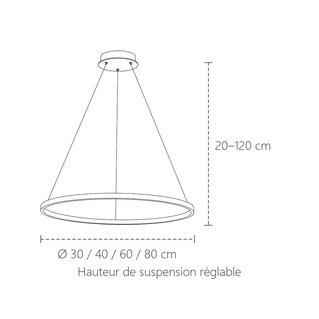 Dimensions de la suspension anneau LED : Ø 30 à 80 cm, hauteur réglable 20 à 120 cm