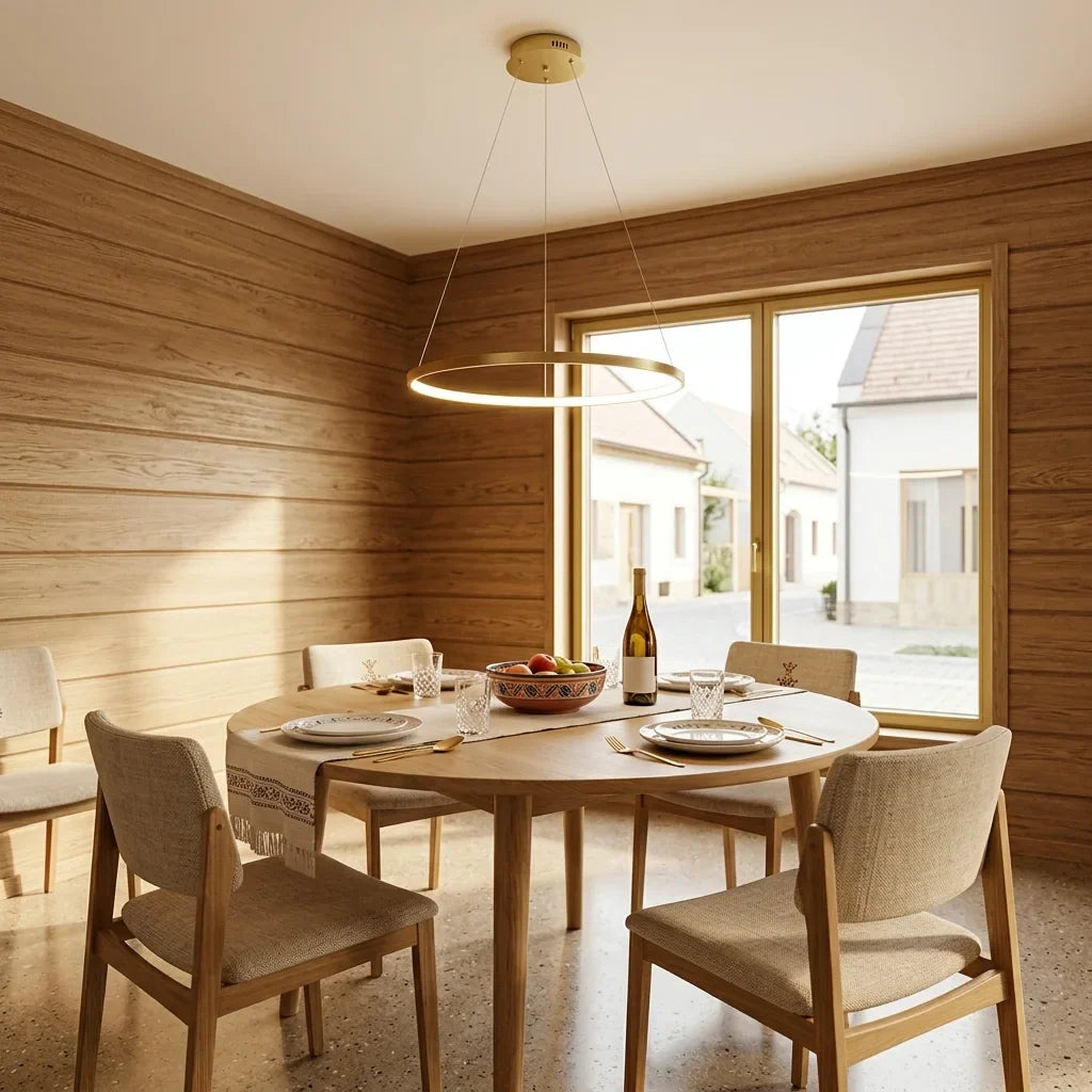 Anneau LED doré au-dessus d’une table ronde en bois