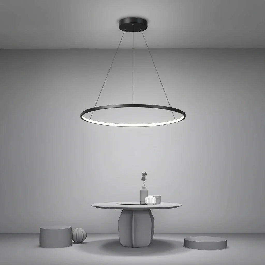 Anneau LED noir dans une salle à manger moderne