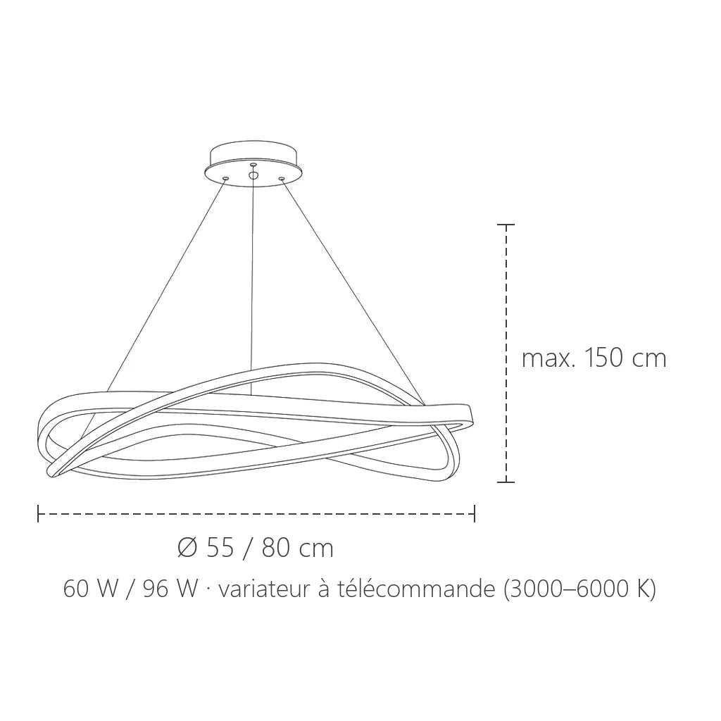 Dimensions de la suspension anneau LED torsadé : Ø 55 ou 80 cm
