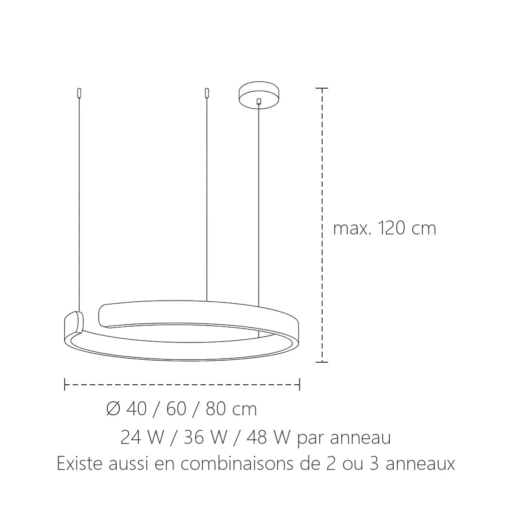 Dimensions de la suspension anneau ouvert LED : Ø 40, 60 ou 80 cm