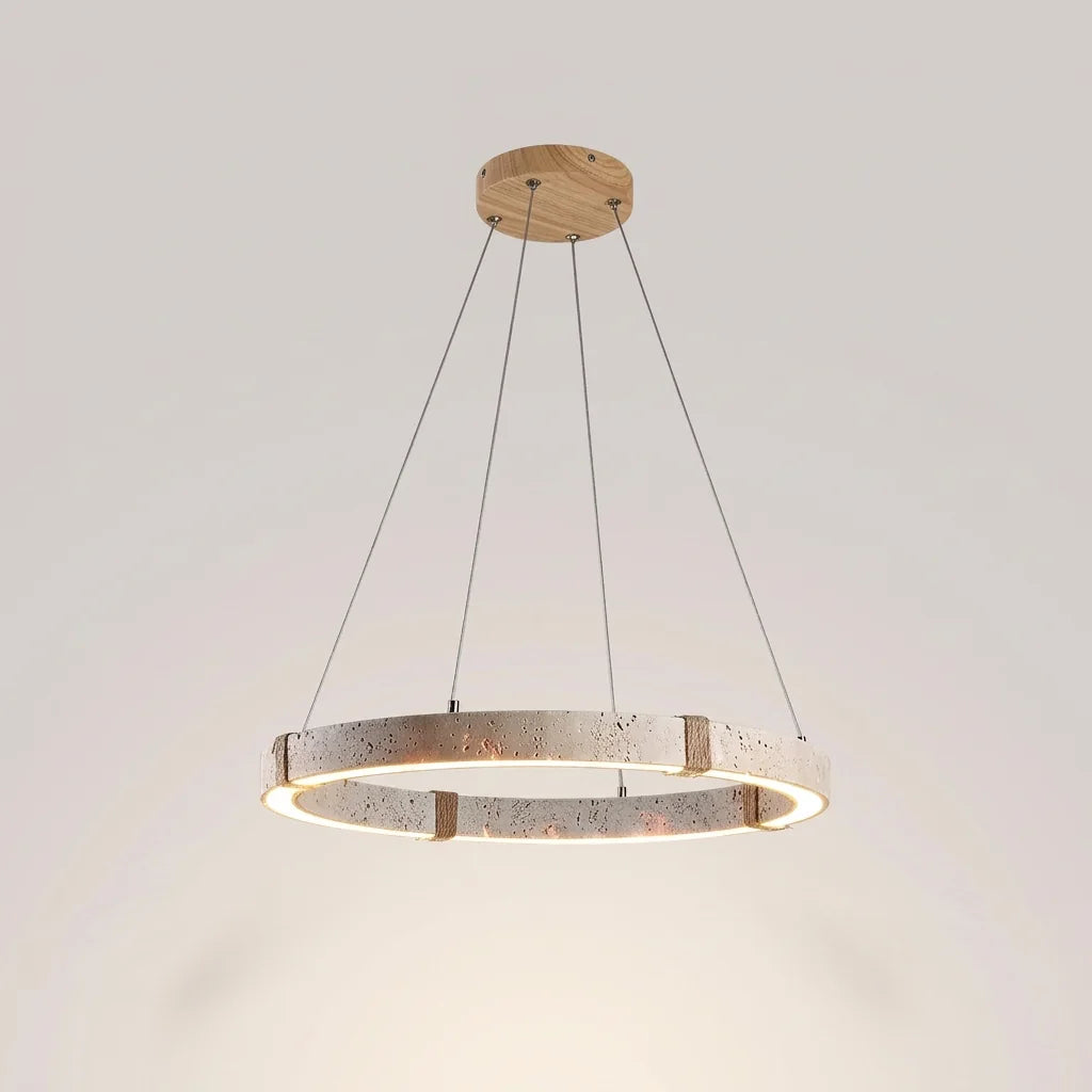 Suspension anneau en travertin à LED, rosace en bois clair