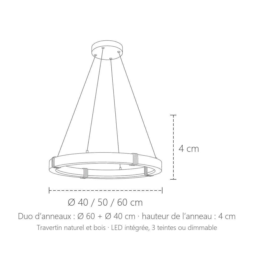 Dimensions de la suspension anneau en travertin : Ø 40, 50 ou 60 cm, anneau de 4 cm