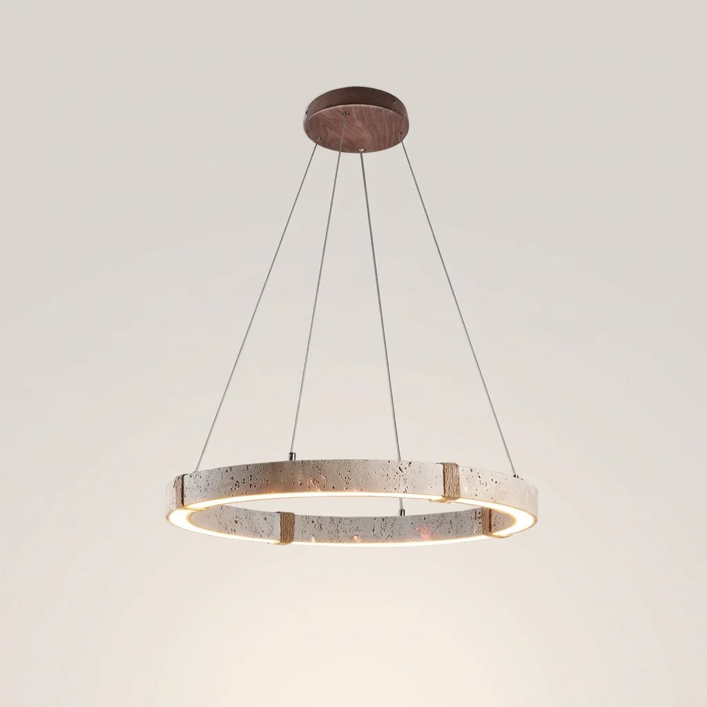 Suspension anneau en travertin à LED, rosace en noyer noir