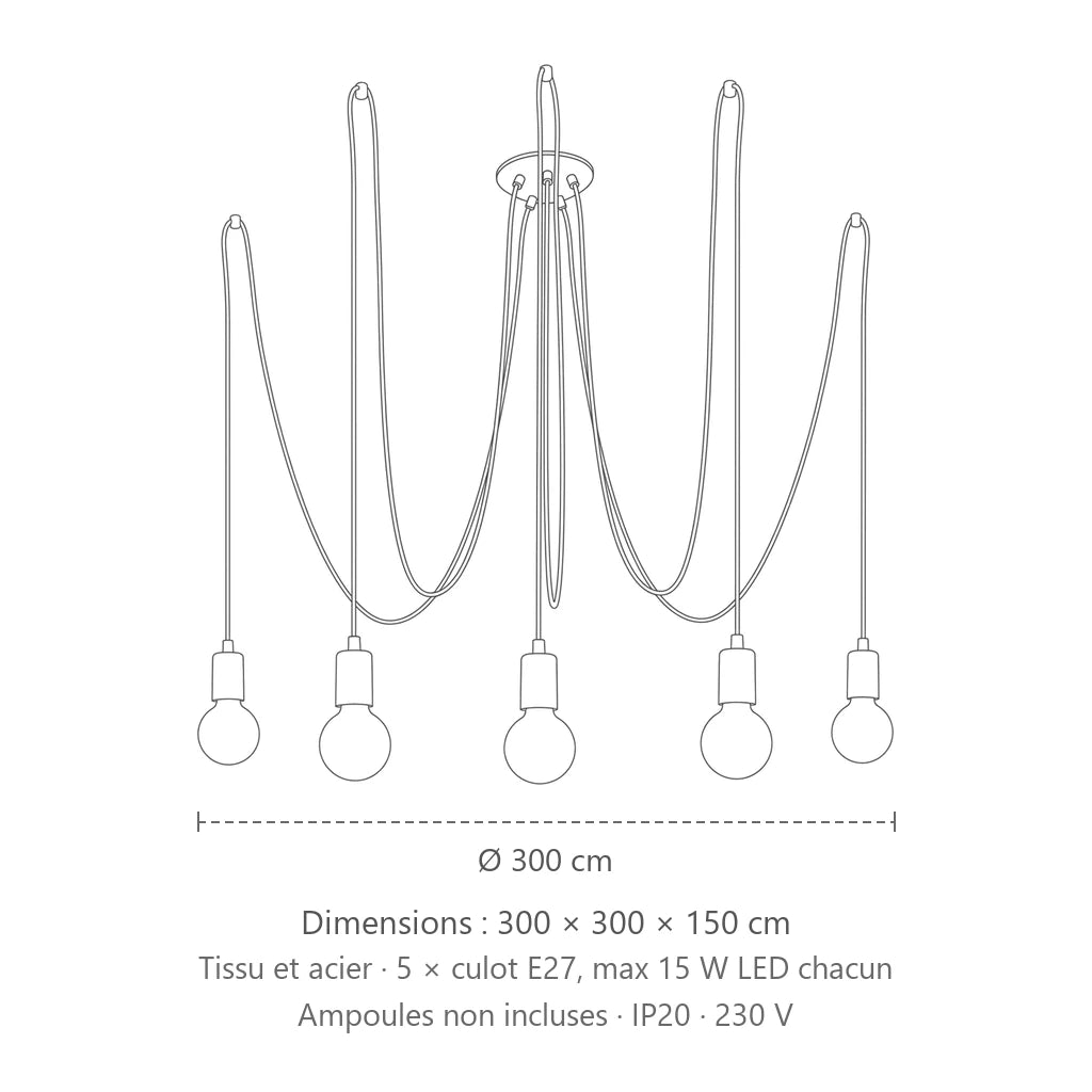 Dimensions : suspension araignée câbles textile noirs (5 lumières), 300 × 300 × 150 cm