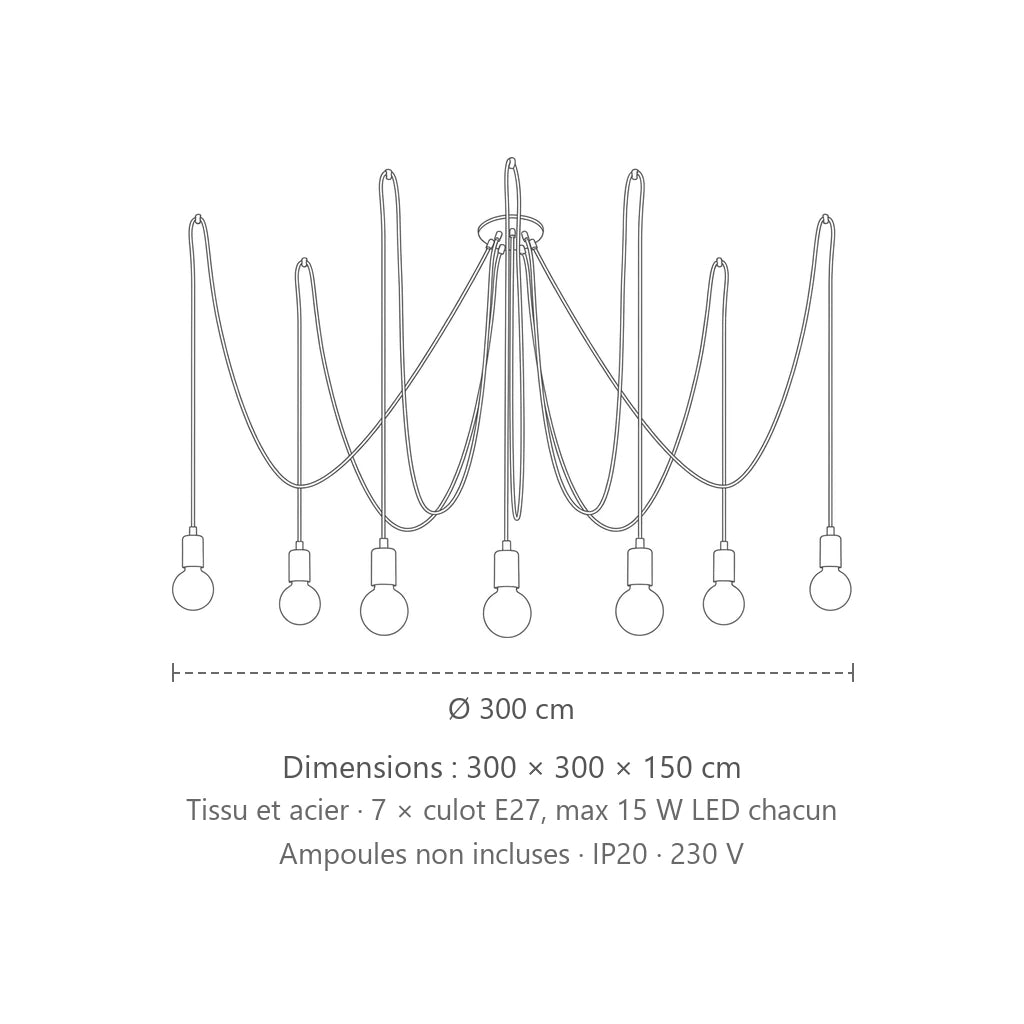 Dimensions : suspension araignée câbles textile noirs (7 lumières), 300 × 300 × 150 cm