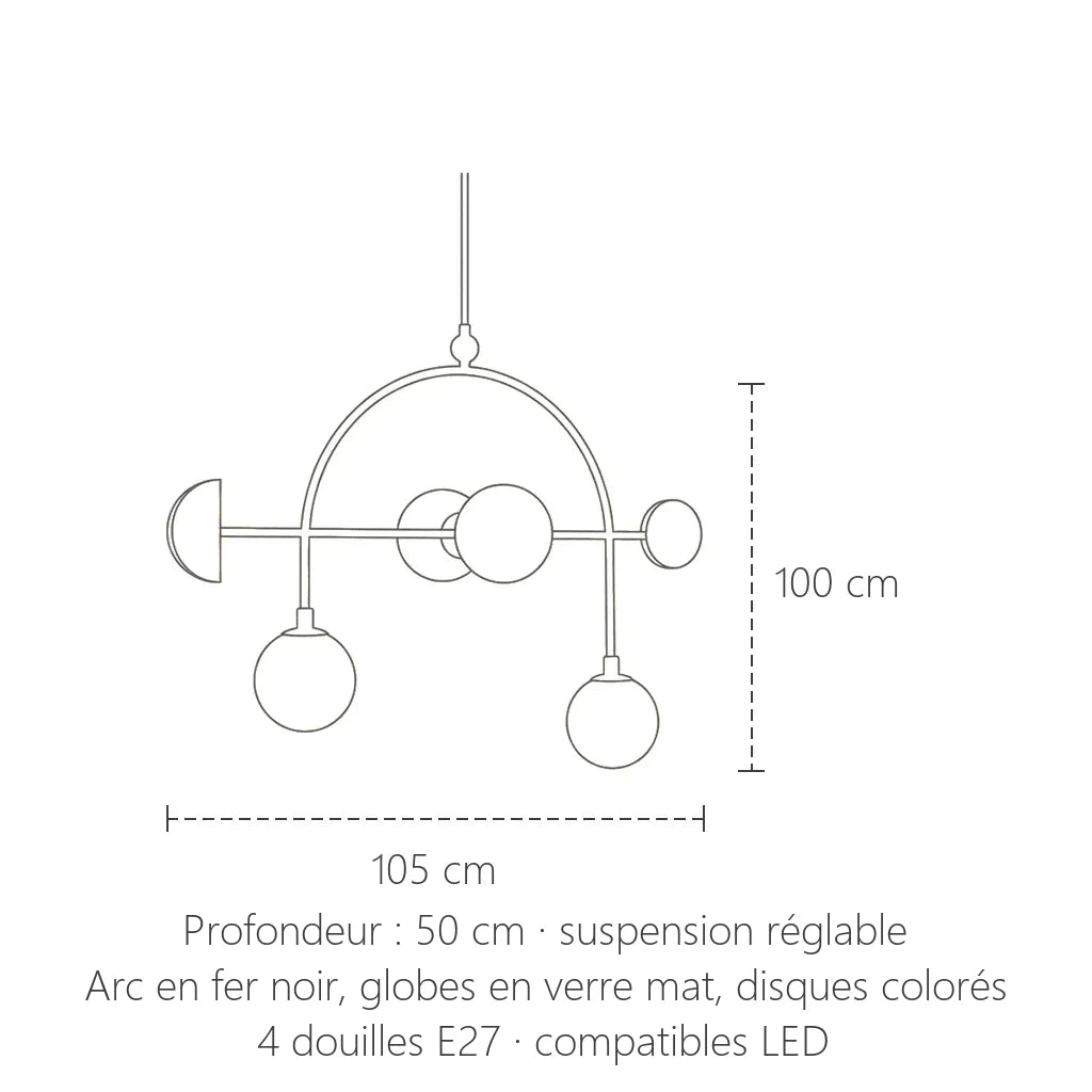 Dimensions de la suspension arc art déco : 105 × 100 cm, profondeur 50 cm