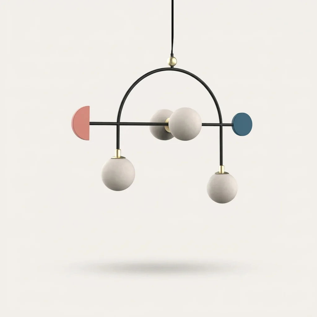 Suspension arc art déco avec 4 globes en verre et disques colorés
