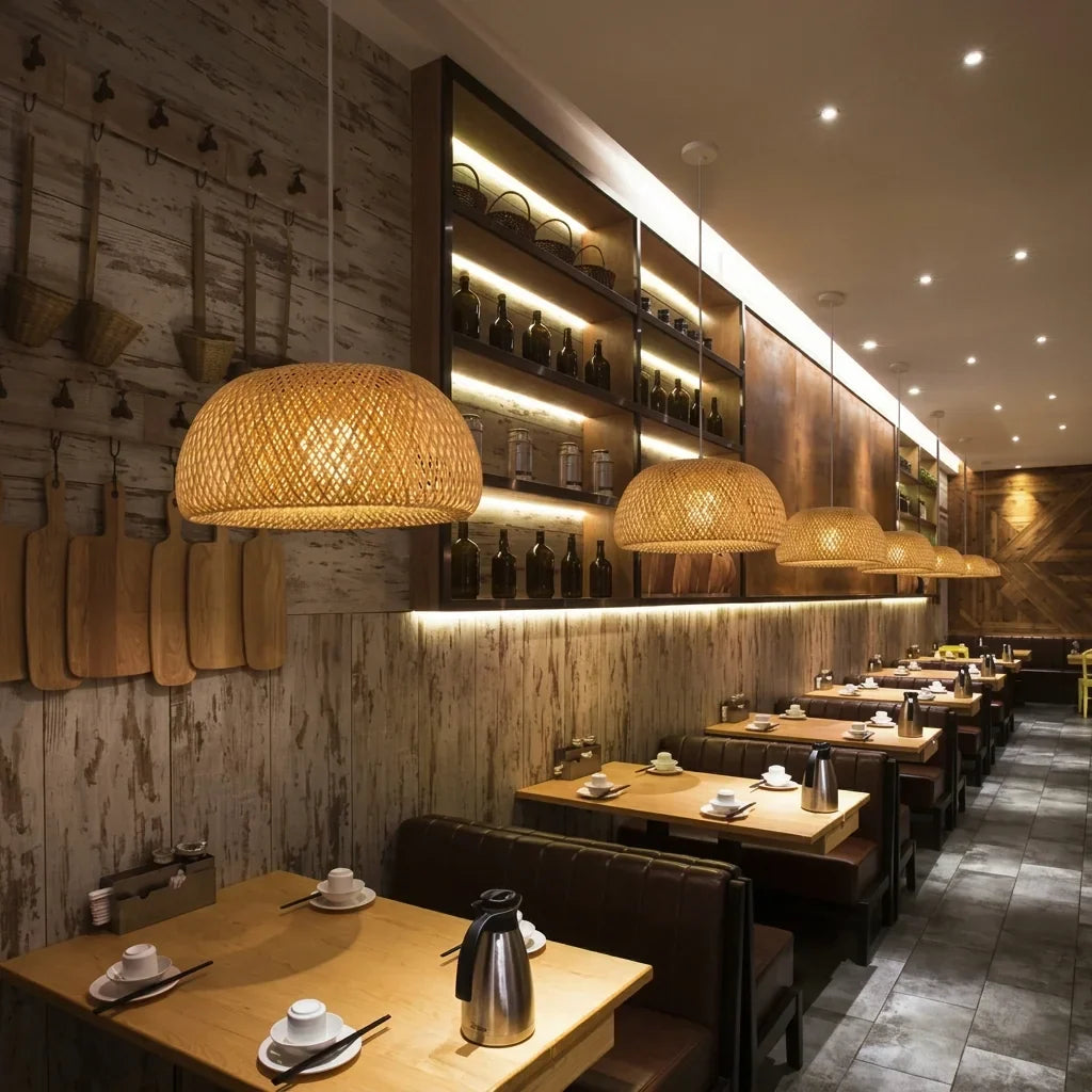 Suspensions en bambou alignées dans un restaurant rustique