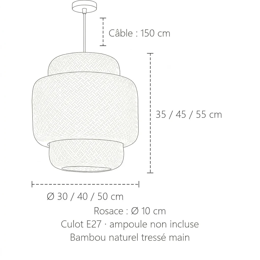 Dimensions de la suspension bambou lanterne : Ø 30, 40 ou 50 cm, 35 à 55 cm de haut