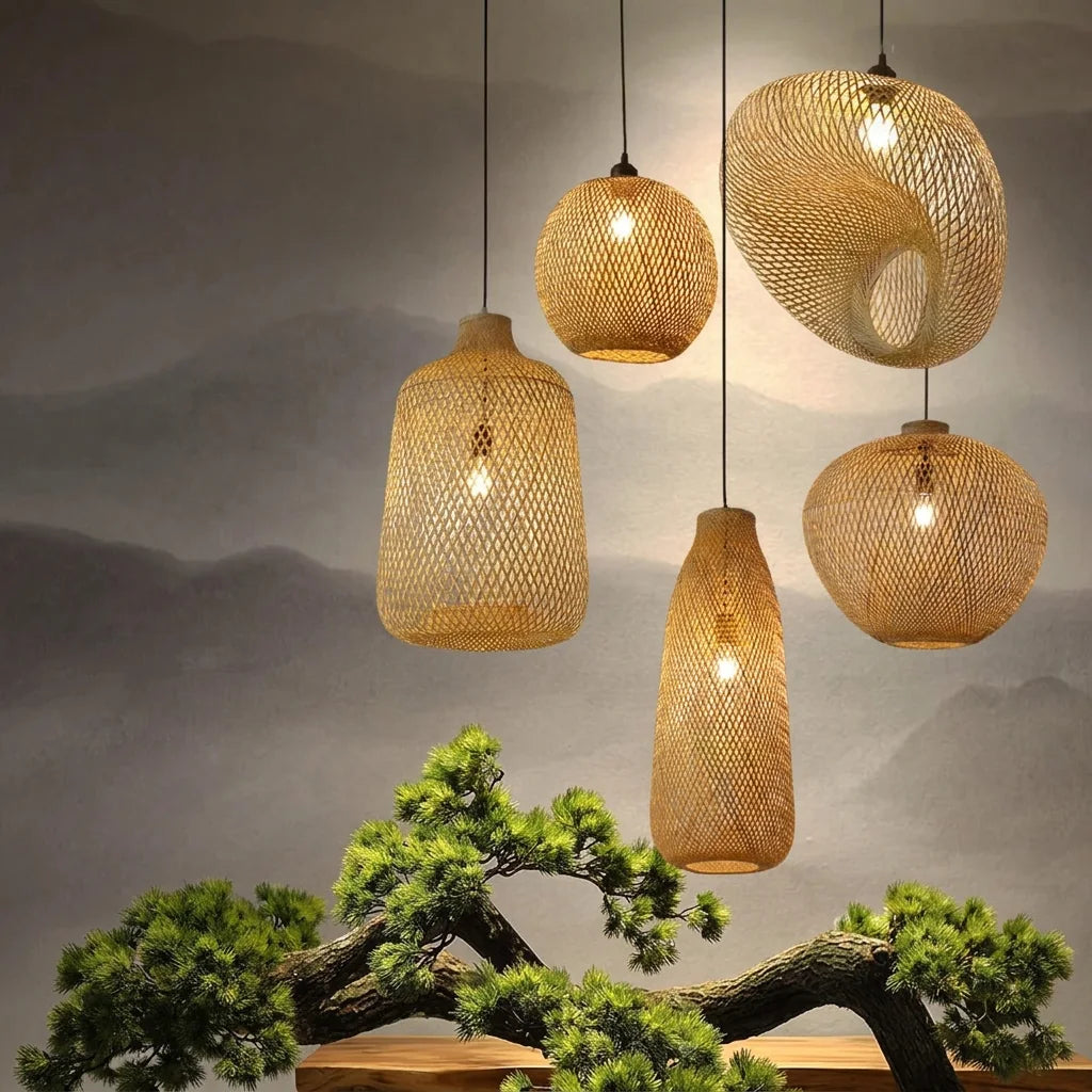 Composition de suspensions en bambou de formes variées, ambiance zen
