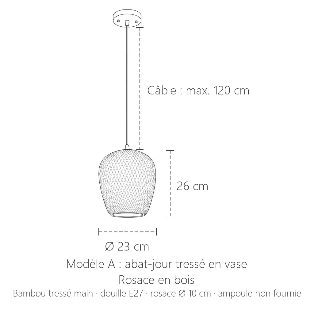 Dimensions de la suspension bambou tressé modèle A : Ø 23 cm, hauteur 26 cm