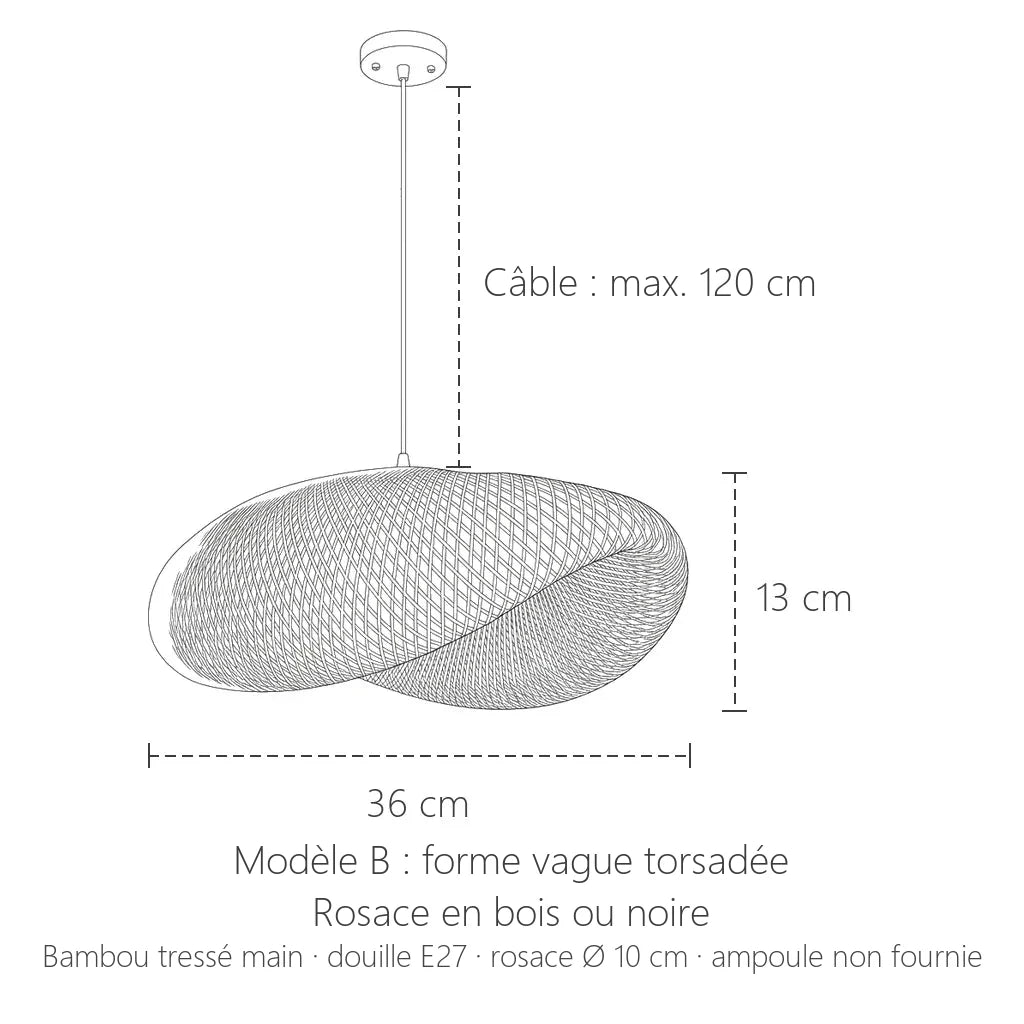 Dimensions de la suspension bambou tressé modèle B : 36 cm, hauteur 13 cm