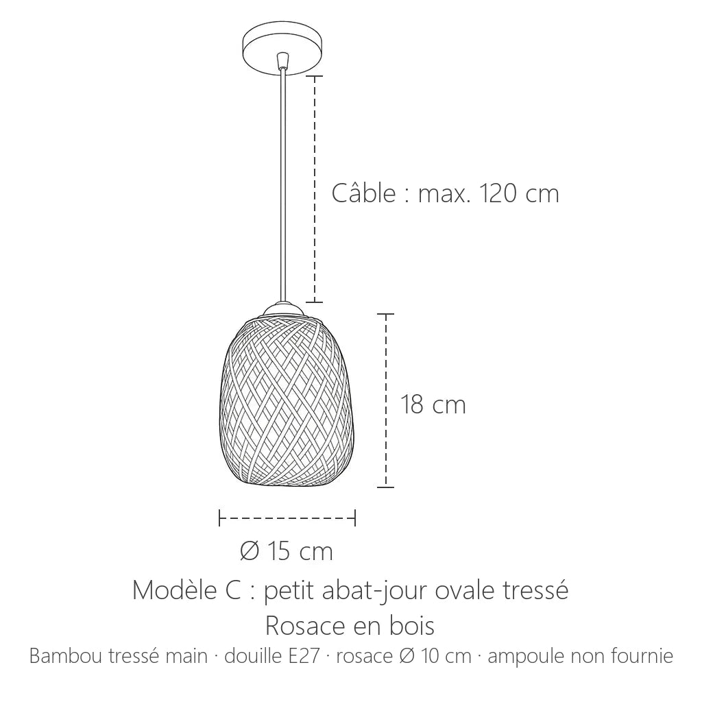 Dimensions de la suspension bambou tressé modèle C : Ø 15 cm, hauteur 18 cm
