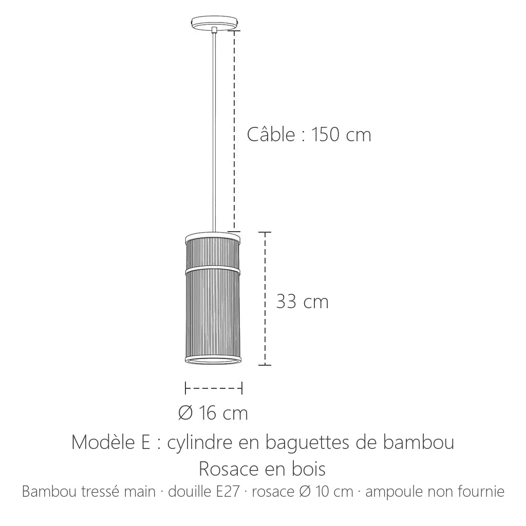 Dimensions de la suspension bambou tressé modèle E : Ø 16 cm, hauteur 33 cm